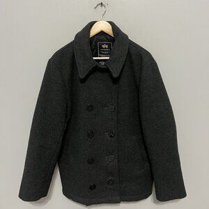 Alpha Industries Wool Blend Double Breasted Pea Coat Size S Gray Button Down